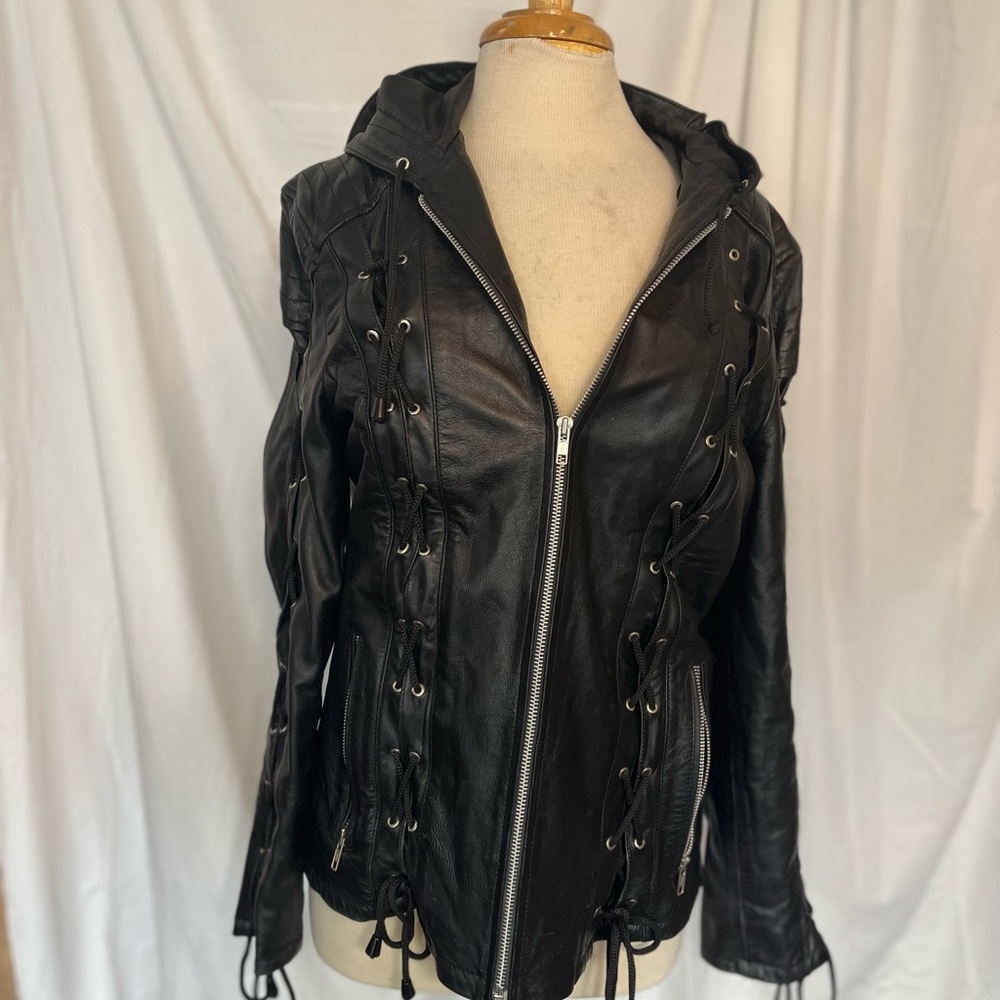 Figura Fashionz hooded leather motorcycle jacket side lacing Medium …